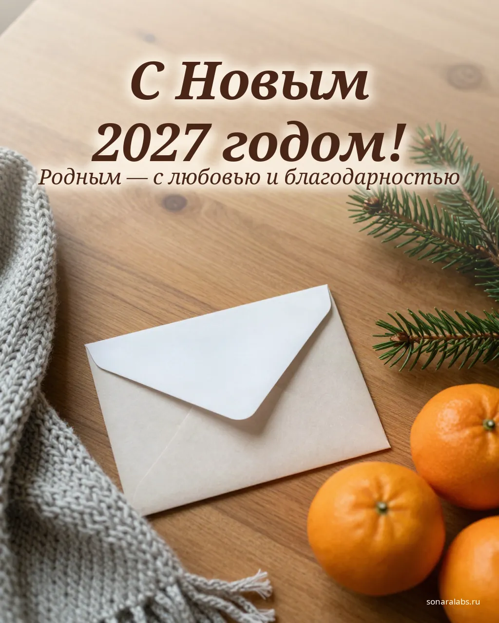 Новогодняя открытка родителям: конверт, шарф и мандарины