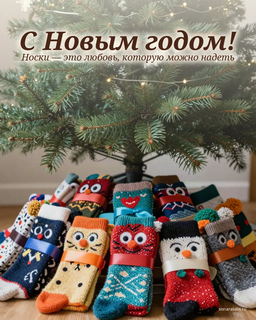 Прикольная открытка: гора смешных вязаных носков под ёлкой