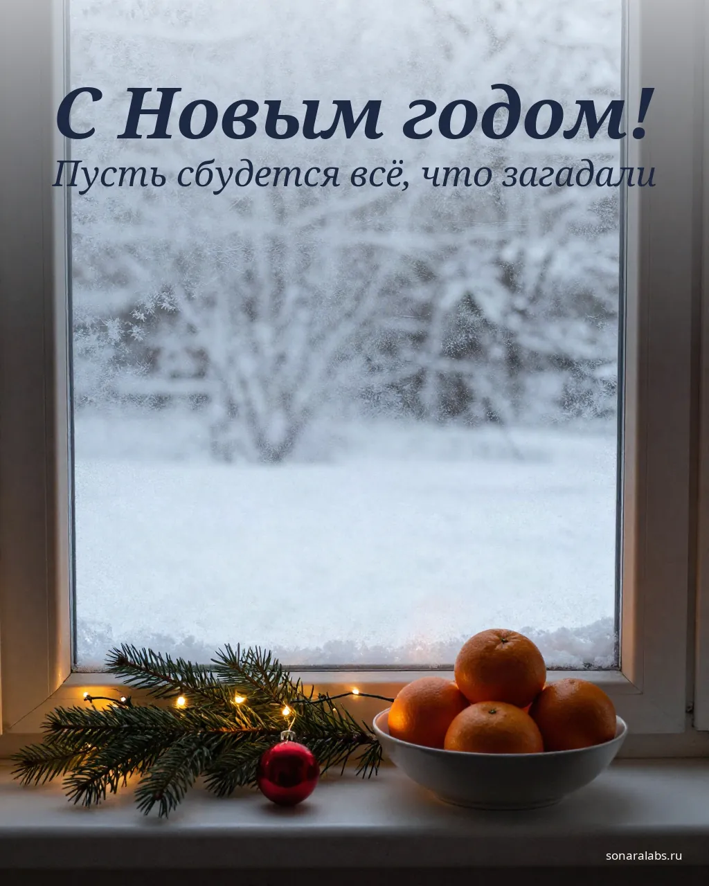Новогодняя открытка: заснеженное окно, гирлянда и мандарины
