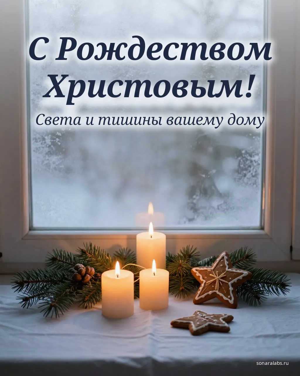 Рождественская открытка: свечи, еловые ветки и пряники у морозного окна