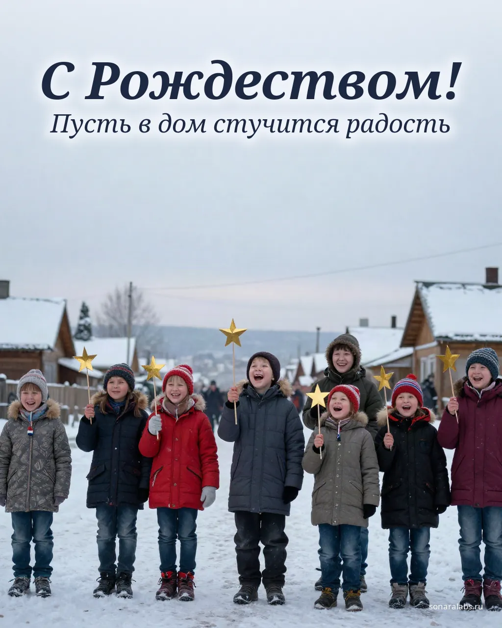 Открытка с Рождеством: дети колядуют со звездой на деревенской улице