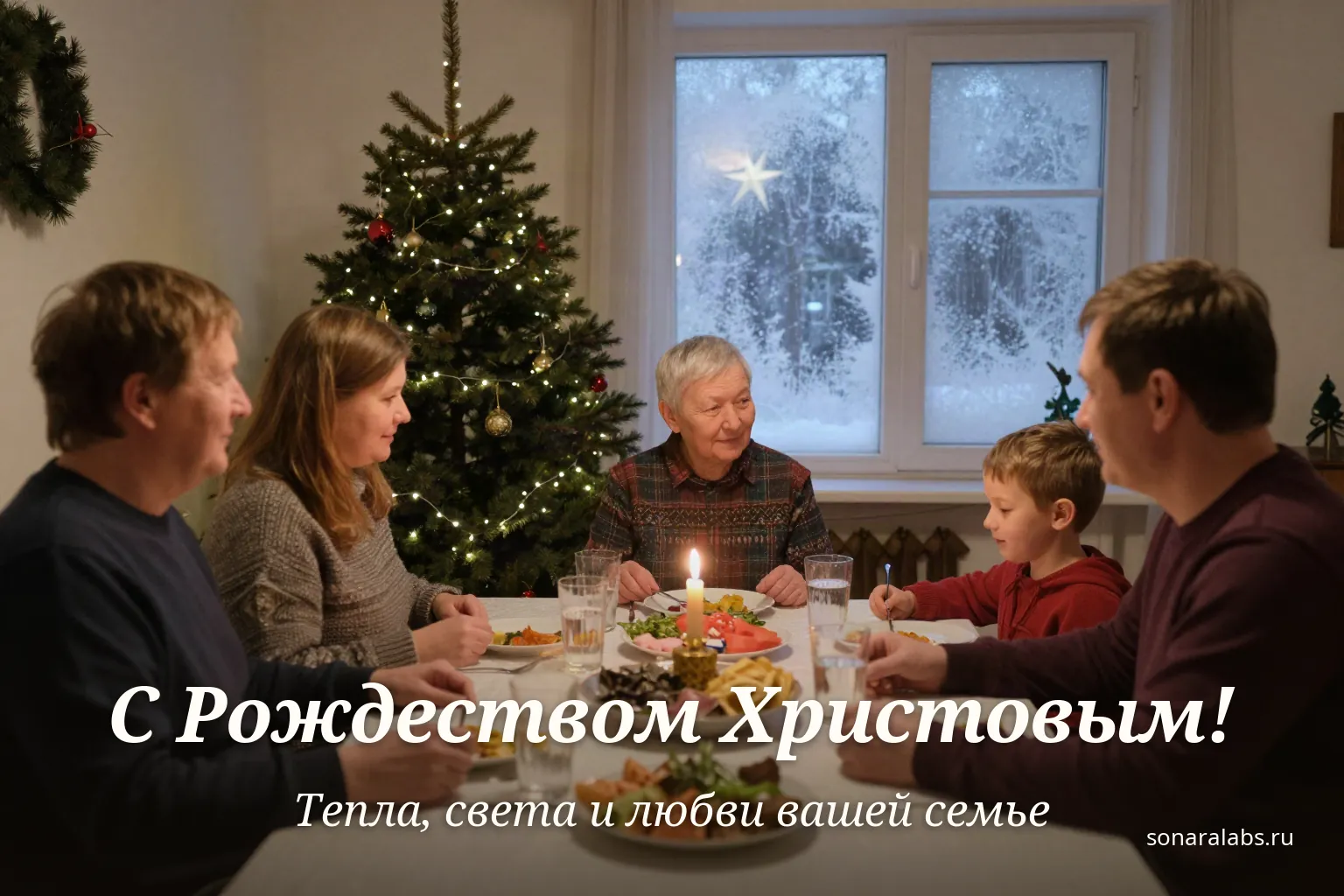 Горизонтальная открытка с Рождеством: семья за праздничным столом со свечой