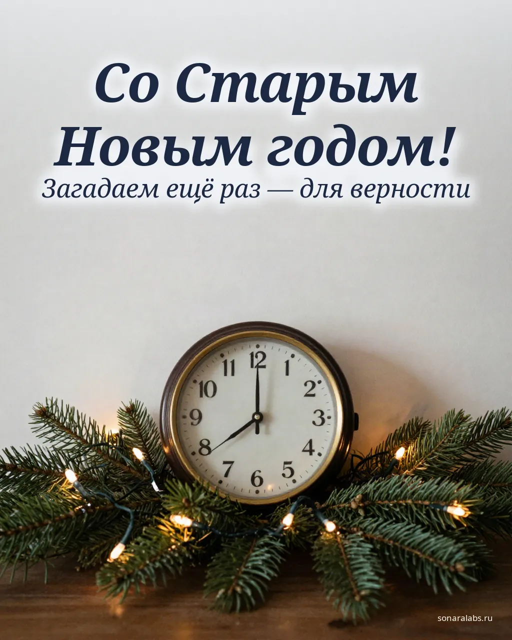 Открытка со Старым Новым годом: старинные часы среди еловых веток