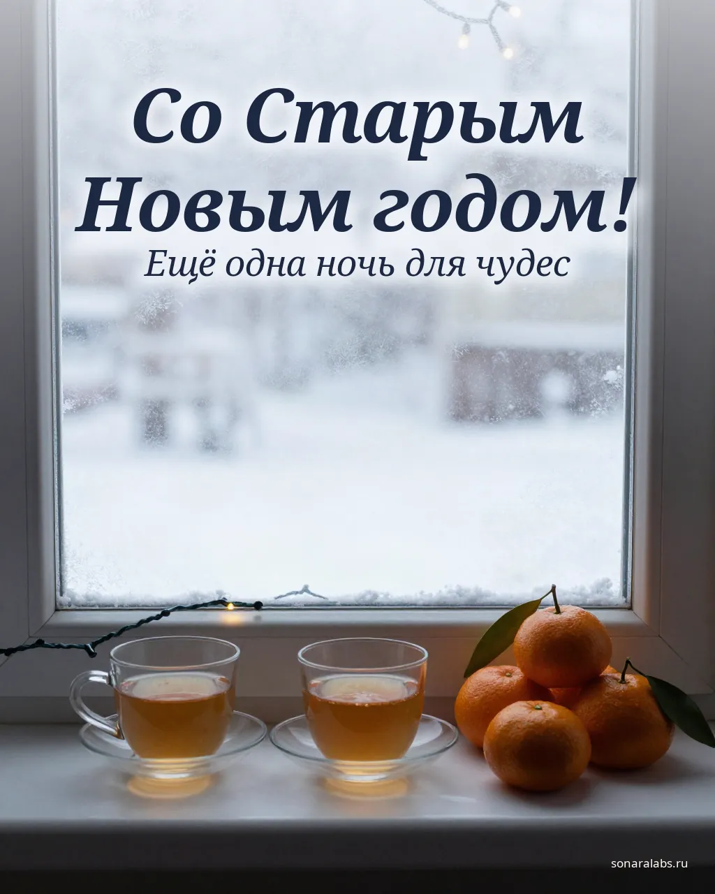 Открытка со Старым Новым годом: чай и мандарины на морозном окне