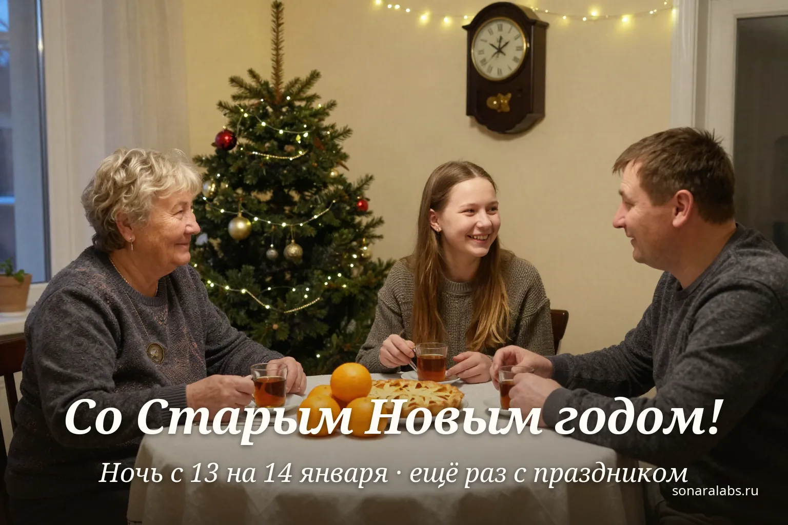 Горизонтальная открытка со Старым Новым годом: семья за столом с мандаринами